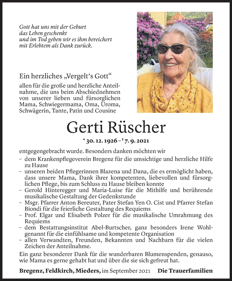 Todesanzeige für Gerti Rüscher vom 24.09.2021 aus Vorarlberger Nachrichten