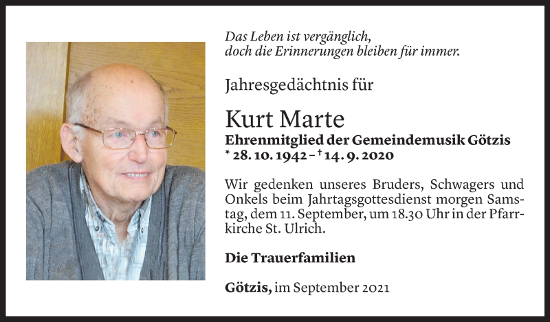  Todesanzeige für Kurt Marte vom 09.09.2021 aus Vorarlberger Nachrichten