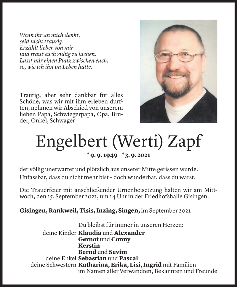  Todesanzeige für Engelbert Zapf vom 10.09.2021 aus Vorarlberger Nachrichten
