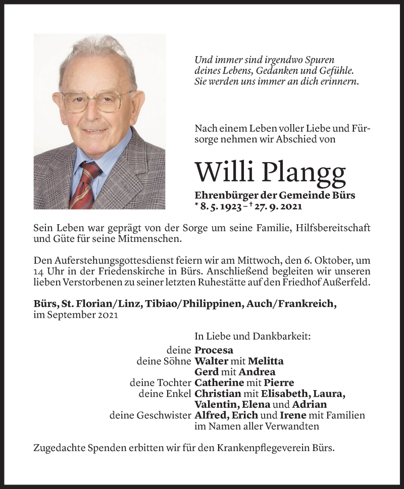  Todesanzeige für Willi Plangg vom 02.10.2021 aus Vorarlberger Nachrichten