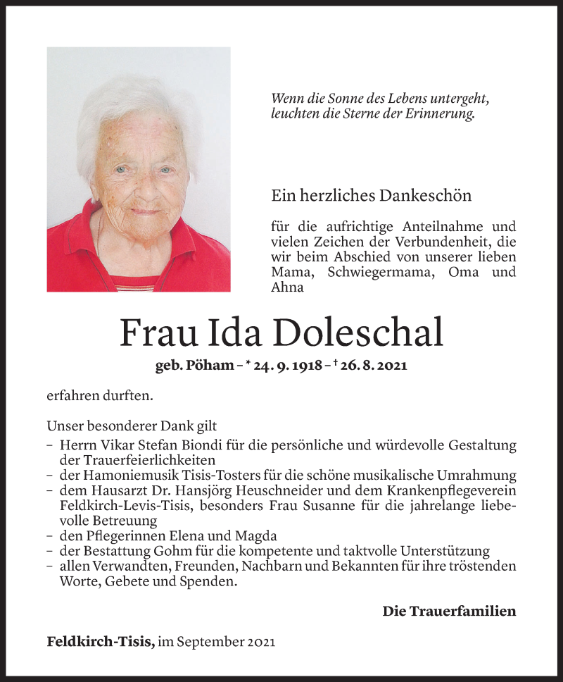 Todesanzeige für Ida Doleschal vom 23.09.2021 aus Vorarlberger Nachrichten
