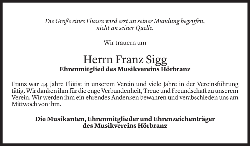  Todesanzeige für Franz Sigg vom 10.09.2021 aus Vorarlberger Nachrichten