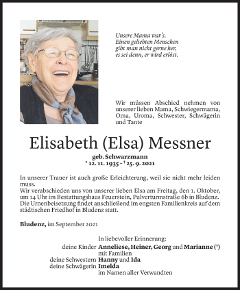 Todesanzeige von Elisabeth Messner von Vorarlberger Nachrichten