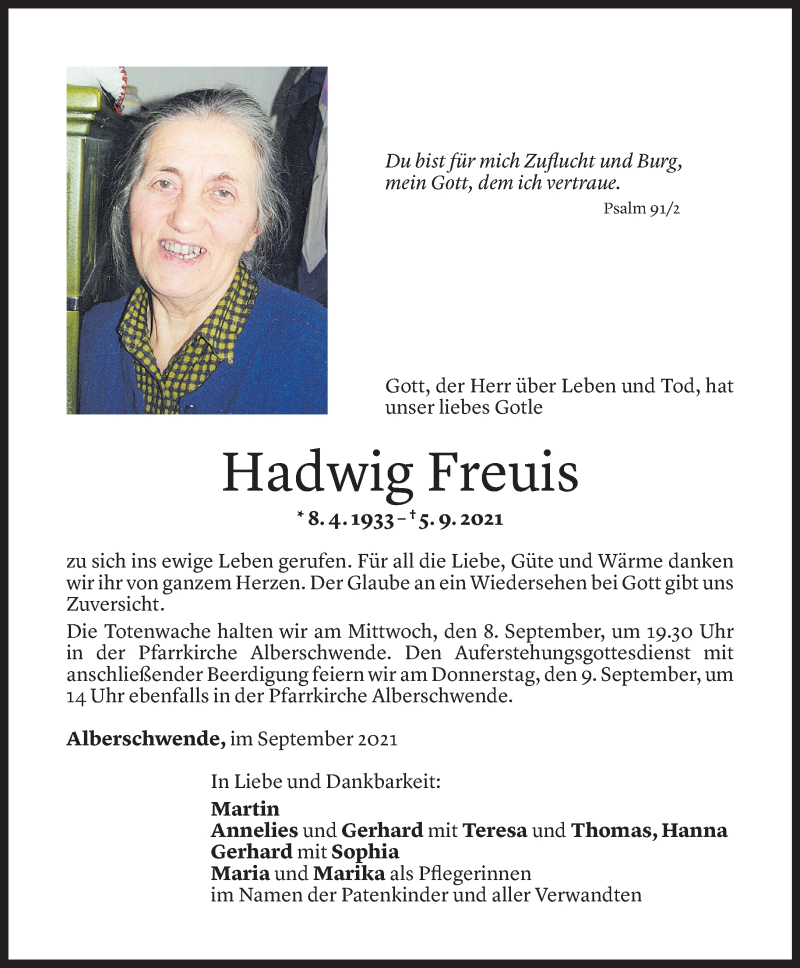  Todesanzeige für Hadwig Freuis vom 06.09.2021 aus Vorarlberger Nachrichten