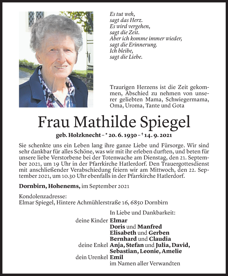  Todesanzeige für Mathilde Spiegel vom 17.09.2021 aus Vorarlberger Nachrichten