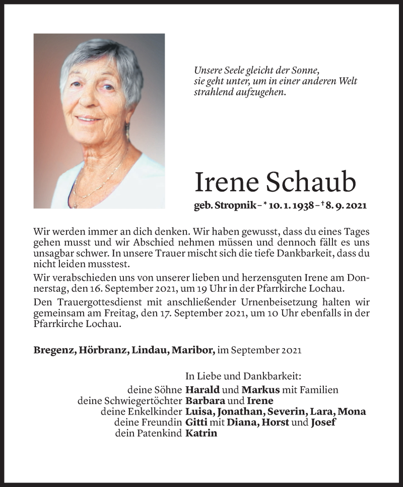  Todesanzeige für Irene Schaub vom 10.09.2021 aus Vorarlberger Nachrichten