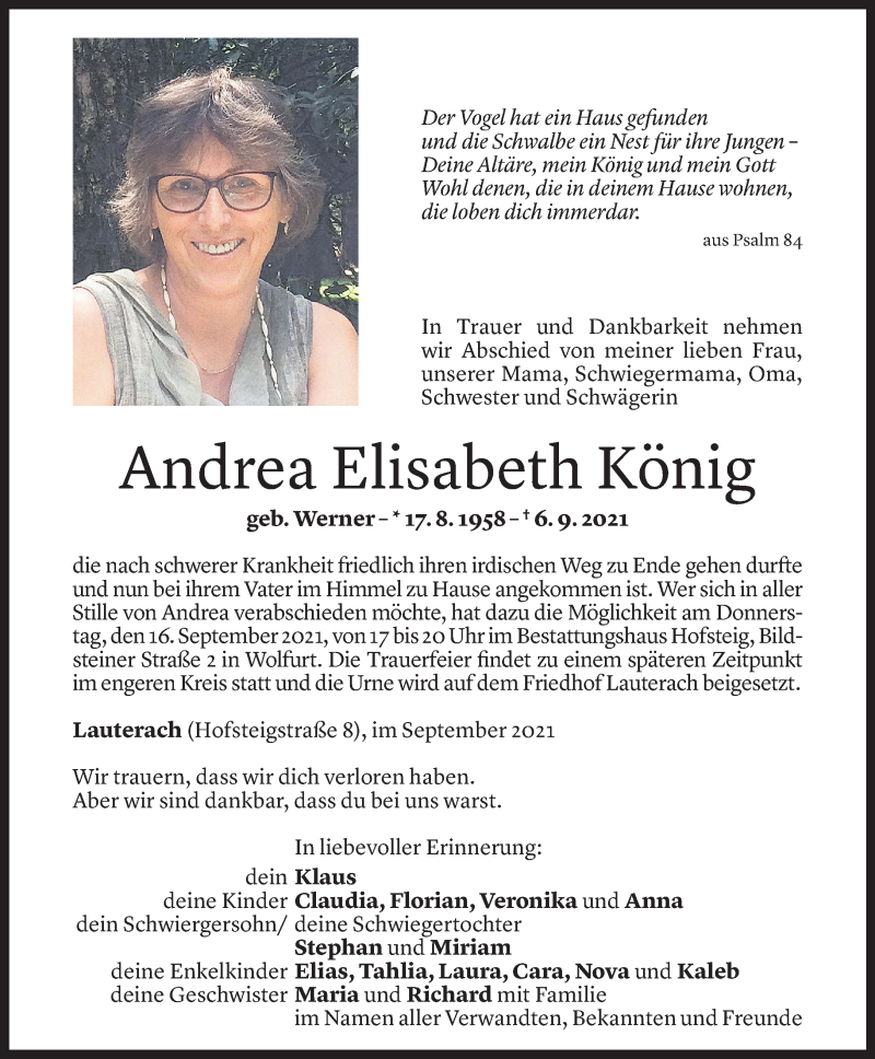  Todesanzeige für Andrea Elisabeth König vom 14.09.2021 aus Vorarlberger Nachrichten