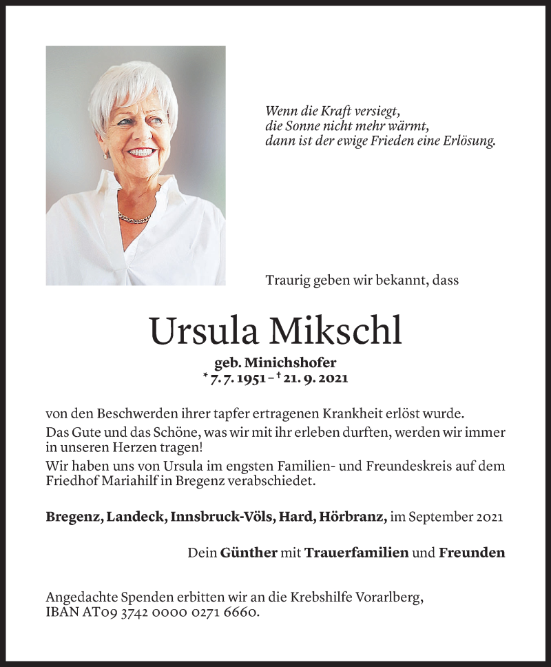  Todesanzeige für Ursula Mikschl vom 30.09.2021 aus Vorarlberger Nachrichten