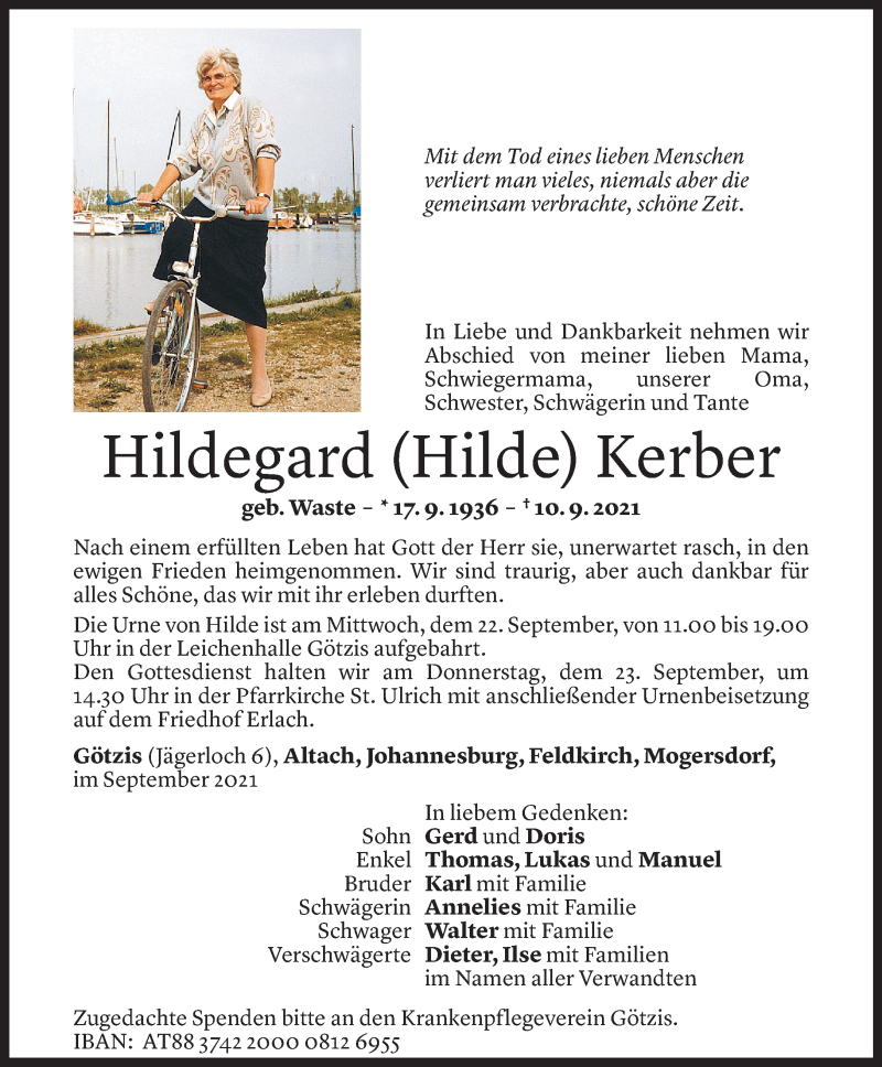  Todesanzeige für Hildegard Kerber vom 20.09.2021 aus Vorarlberger Nachrichten