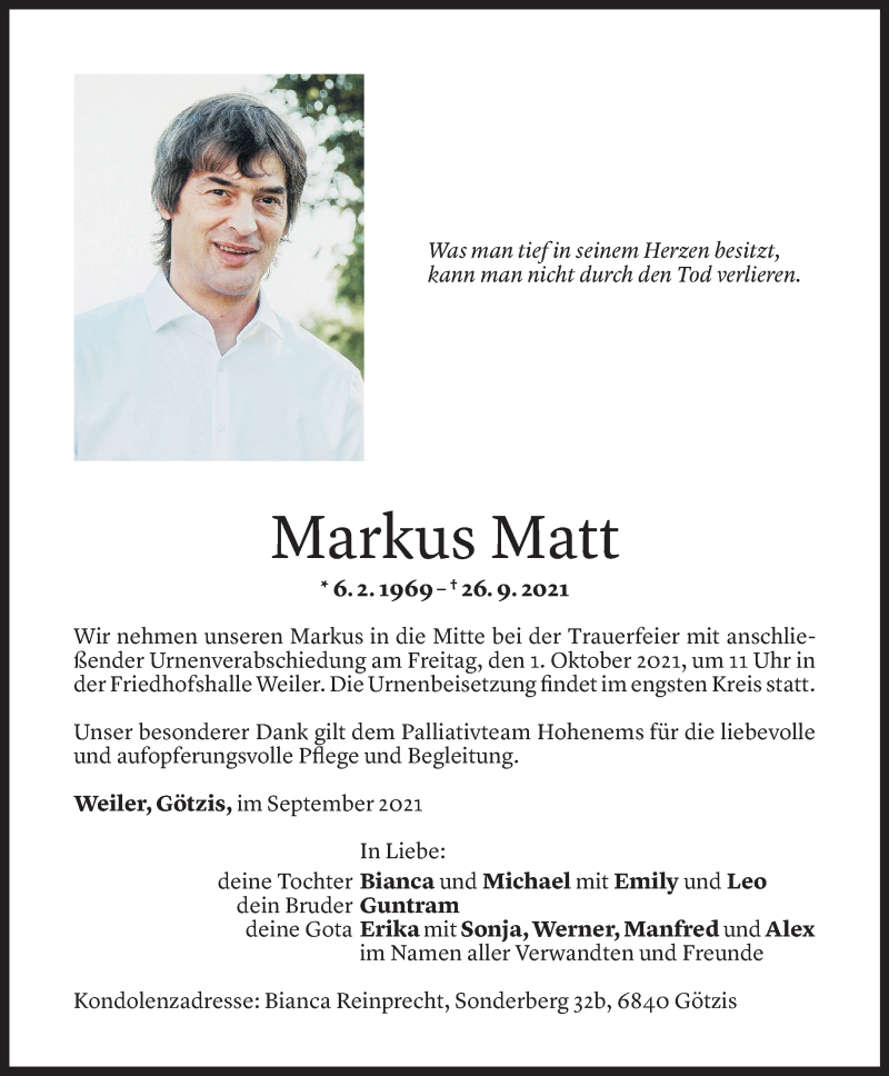  Todesanzeige für Markus Matt vom 28.09.2021 aus Vorarlberger Nachrichten