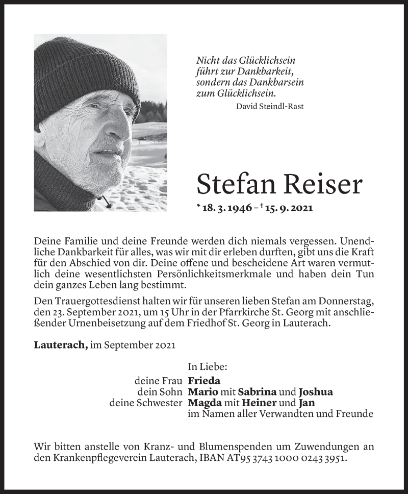  Todesanzeige für Stefan Reiser vom 17.09.2021 aus Vorarlberger Nachrichten