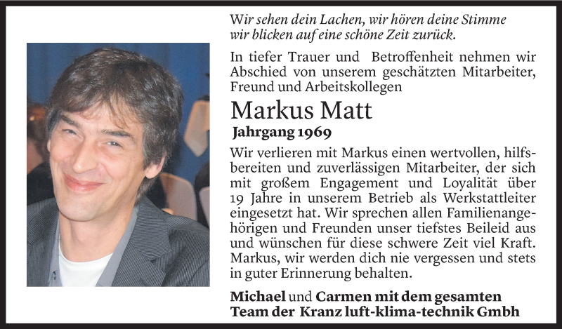  Todesanzeige für Markus Matt vom 29.09.2021 aus Vorarlberger Nachrichten