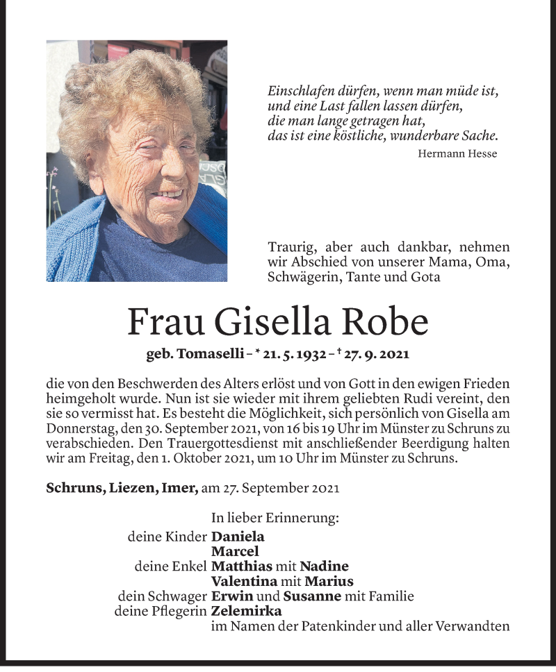  Todesanzeige für Gisella Robe vom 29.09.2021 aus Vorarlberger Nachrichten