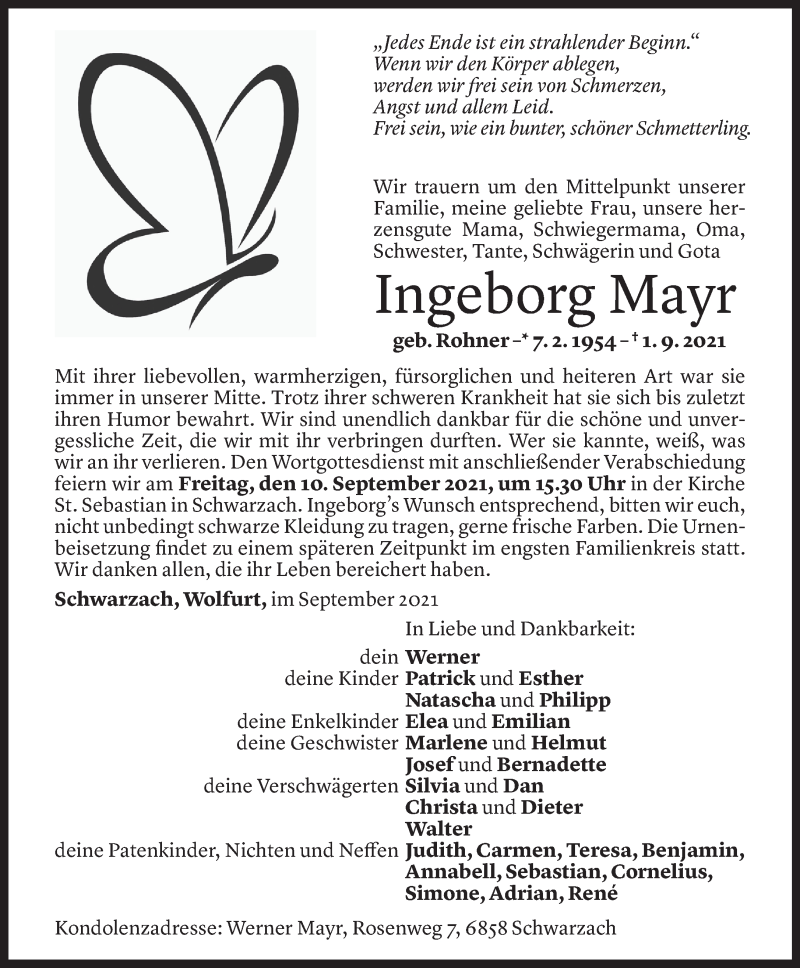  Todesanzeige für Ingeborg Mayr vom 07.09.2021 aus Vorarlberger Nachrichten