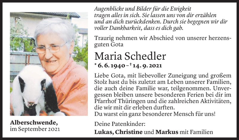  Todesanzeige für Maria Schedler vom 15.09.2021 aus Vorarlberger Nachrichten
