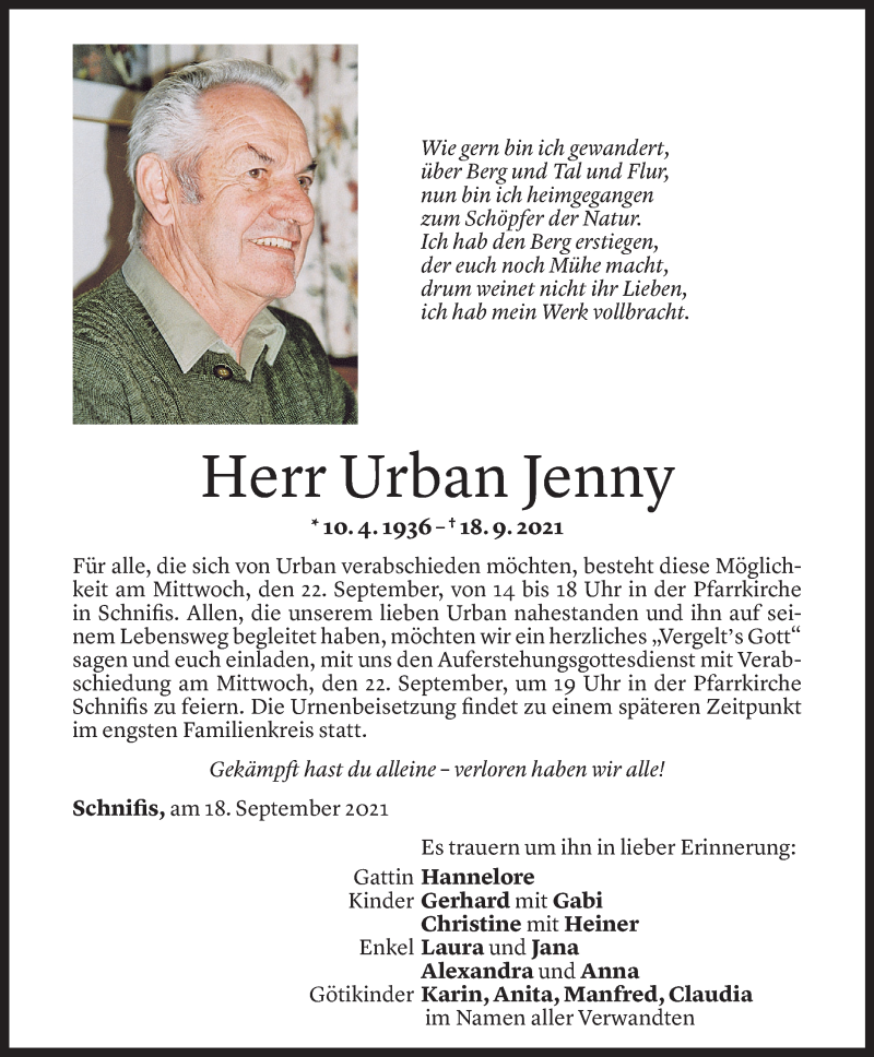  Todesanzeige für Urban Jenny vom 20.09.2021 aus Vorarlberger Nachrichten