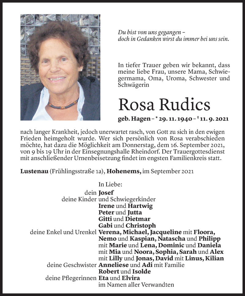 Todesanzeige für Rosa Rudics vom 13.09.2021 aus Vorarlberger Nachrichten