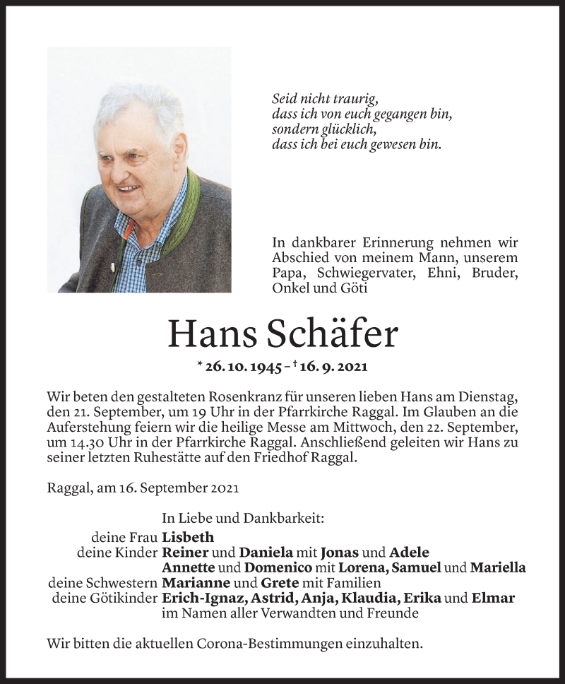  Todesanzeige für Hans Schäfer vom 17.09.2021 aus Vorarlberger Nachrichten