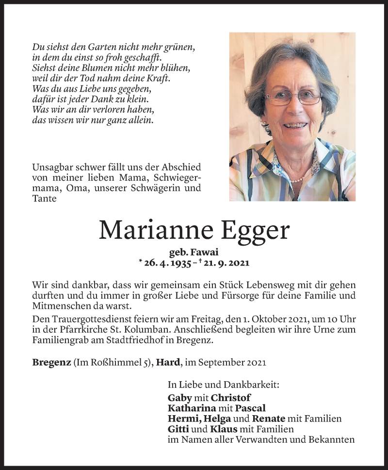  Todesanzeige für Marianne Egger vom 28.09.2021 aus Vorarlberger Nachrichten