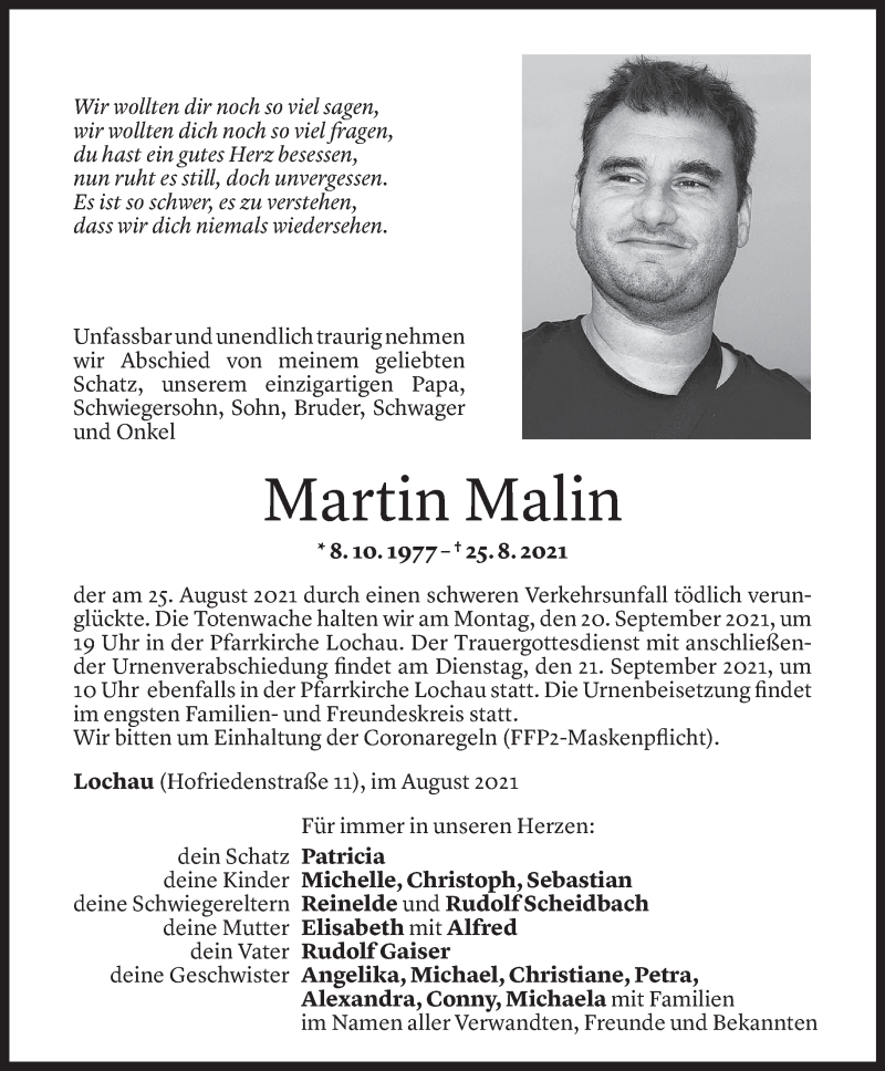  Todesanzeige für Martin Malin vom 14.09.2021 aus Vorarlberger Nachrichten