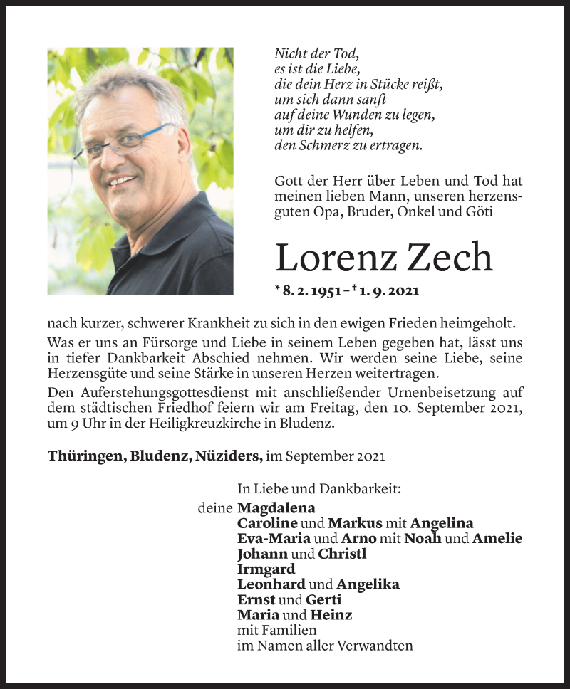  Todesanzeige für Lorenz Zech vom 07.09.2021 aus Vorarlberger Nachrichten
