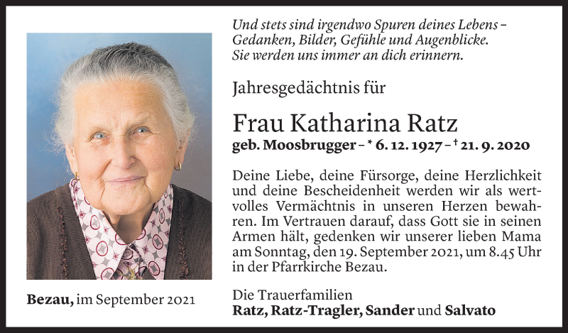  Todesanzeige für Katharina Ratz vom 16.09.2021 aus Vorarlberger Nachrichten