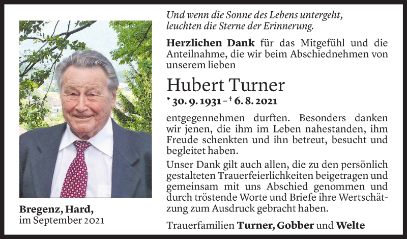  Todesanzeige für Hubert Turner vom 10.09.2021 aus Vorarlberger Nachrichten
