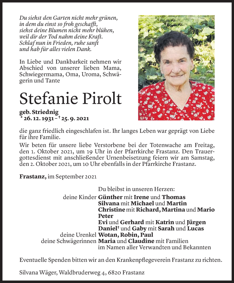  Todesanzeige für Stefanie Pirolt vom 29.09.2021 aus Vorarlberger Nachrichten