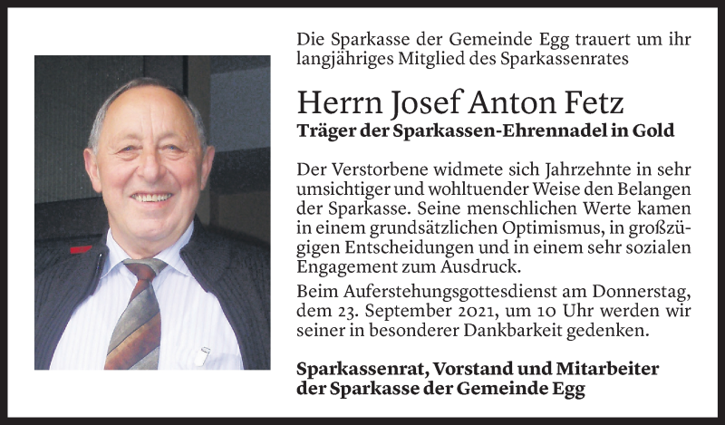  Todesanzeige für Josef Anton Fetz vom 20.09.2021 aus Vorarlberger Nachrichten