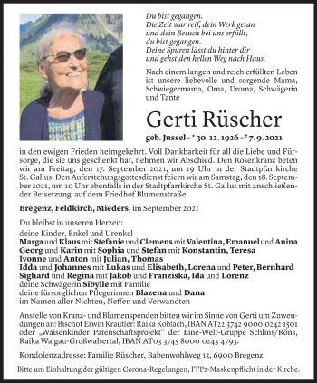 Todesanzeige von Gerti Rüscher von Vorarlberger Nachrichten