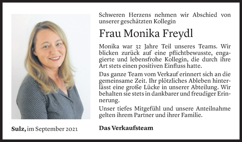  Todesanzeige für Monika Freydl vom 17.09.2021 aus Vorarlberger Nachrichten