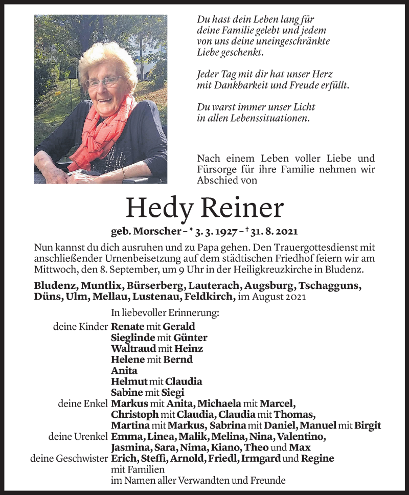  Todesanzeige für Hedy Reiner vom 04.09.2021 aus Vorarlberger Nachrichten