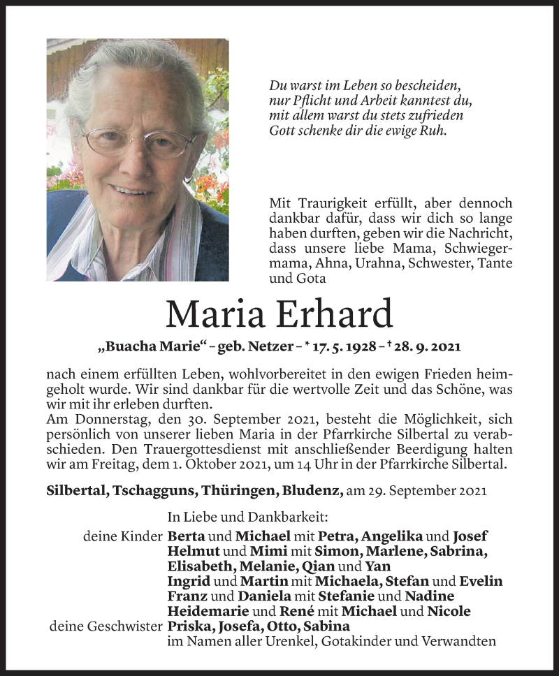  Todesanzeige für Maria Erhard vom 29.09.2021 aus Vorarlberger Nachrichten