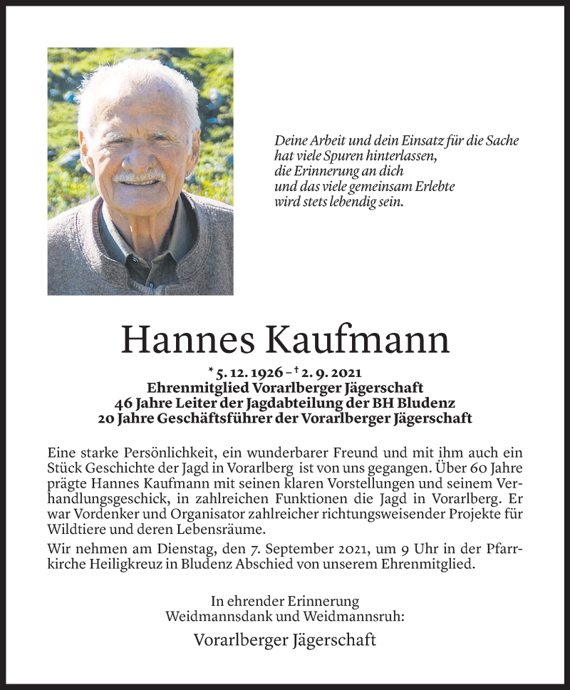  Todesanzeige für Hannes Kaufmann vom 04.09.2021 aus Vorarlberger Nachrichten