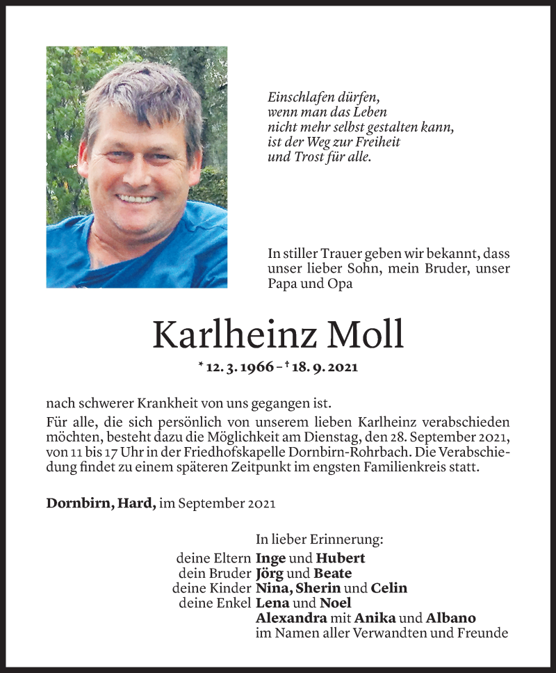  Todesanzeige für Karlheinz Moll vom 25.09.2021 aus Vorarlberger Nachrichten