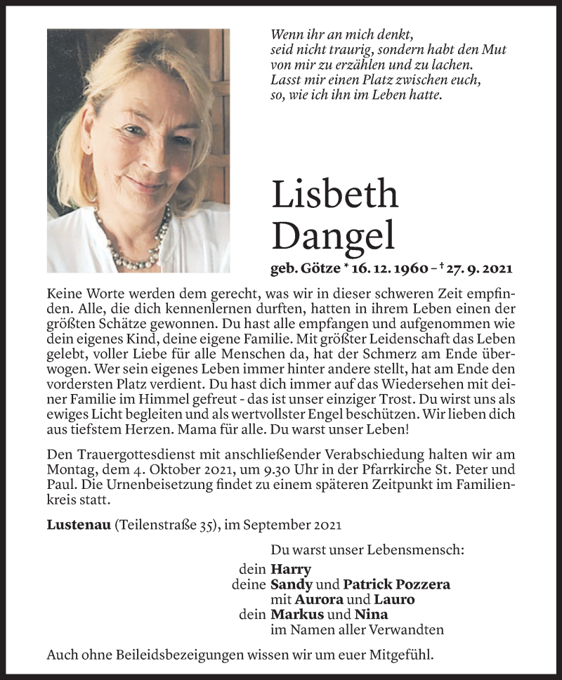  Todesanzeige für Lisbeth Dangel vom 30.09.2021 aus Vorarlberger Nachrichten