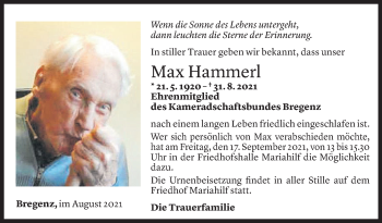 Todesanzeige von Max Hammerl von Vorarlberger Nachrichten
