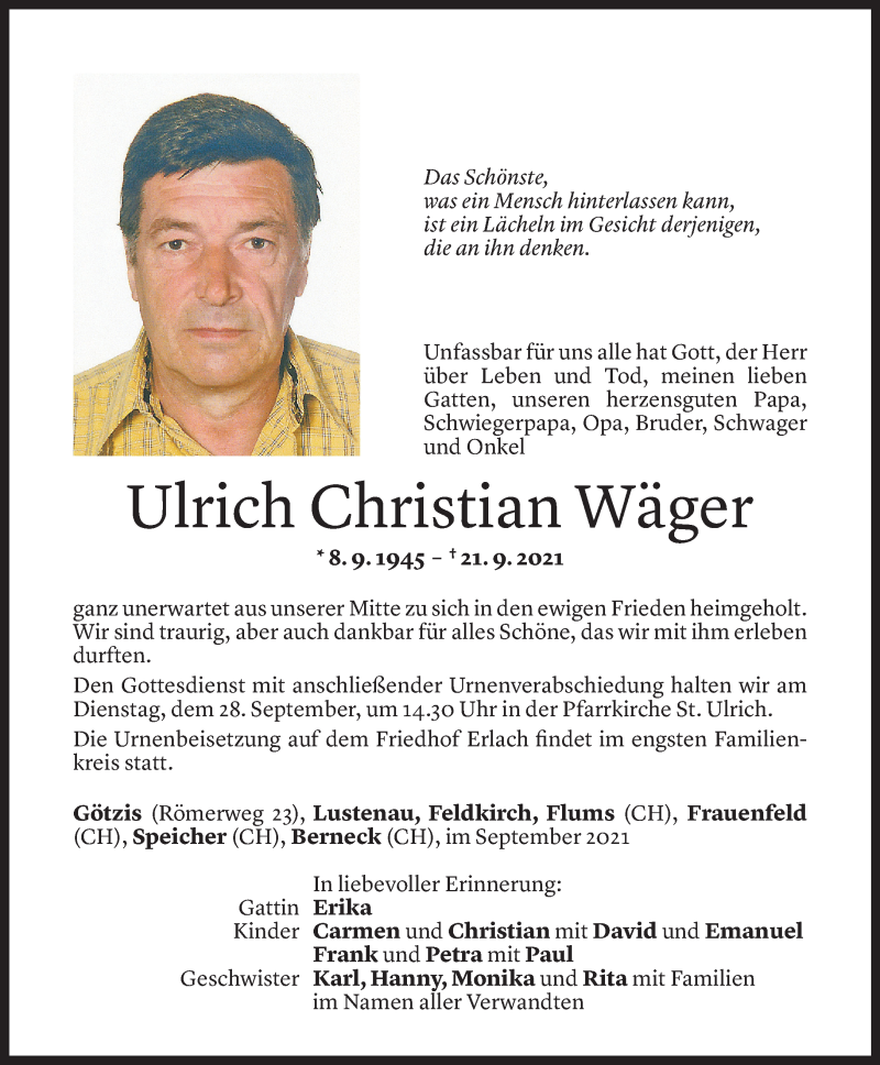  Todesanzeige für Ulrich Christian Wäger vom 25.09.2021 aus Vorarlberger Nachrichten
