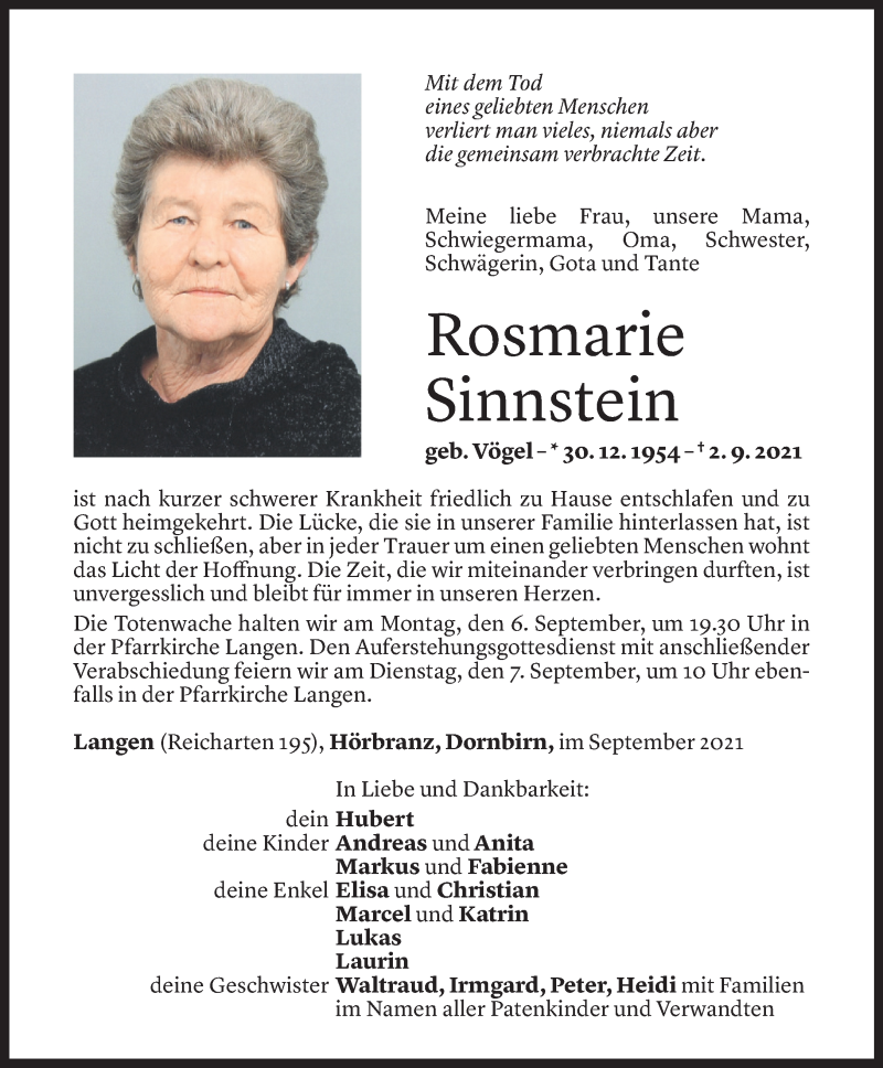  Todesanzeige für Rosmarie Sinnstein vom 03.09.2021 aus Vorarlberger Nachrichten