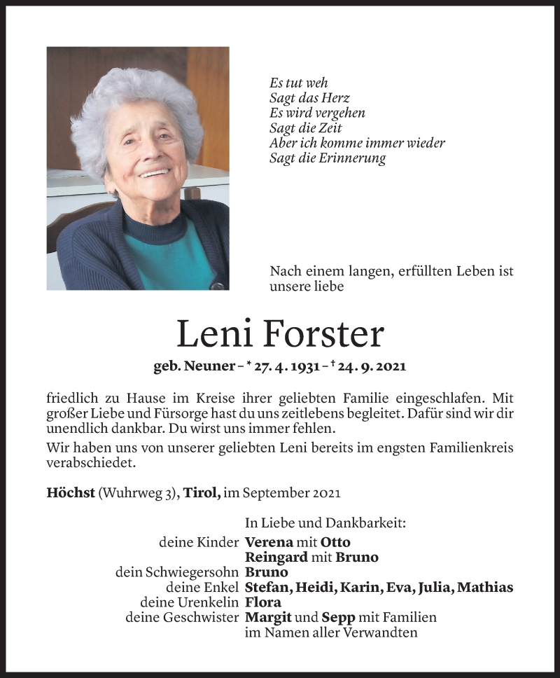  Todesanzeige für Leni Forster vom 05.10.2021 aus Vorarlberger Nachrichten