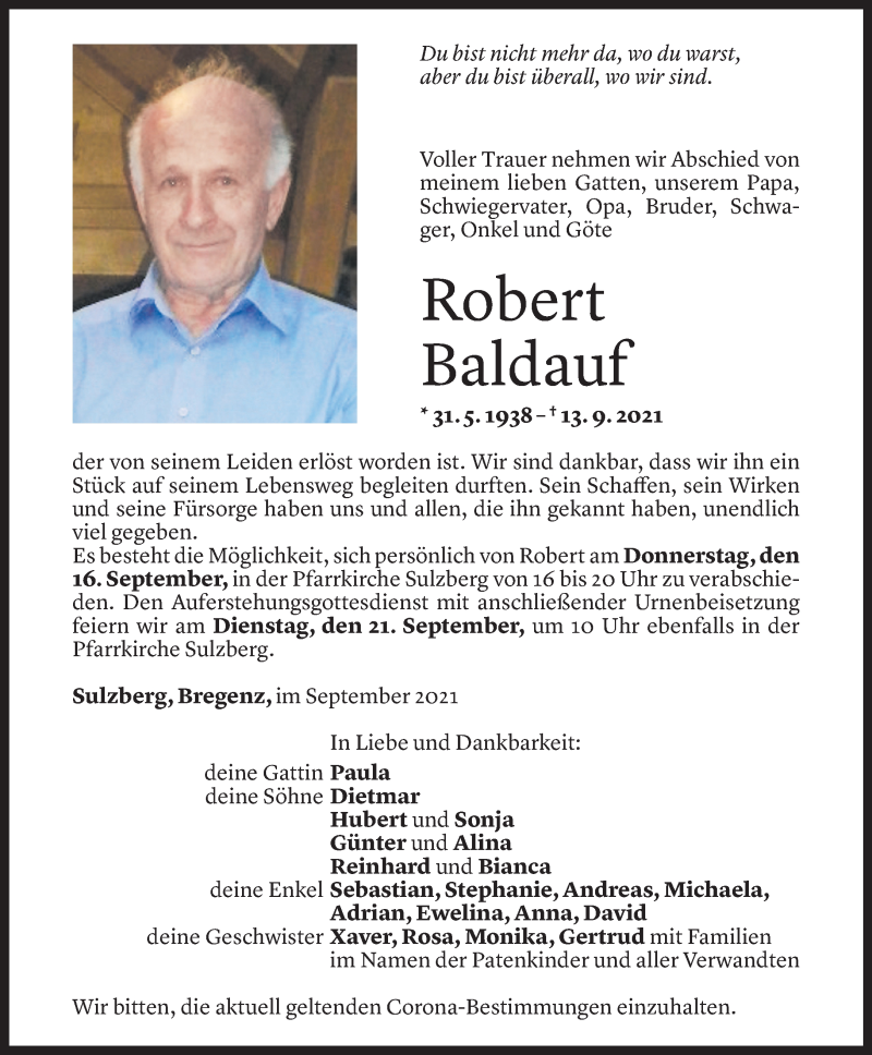  Todesanzeige für Robert Baldauf vom 15.09.2021 aus Vorarlberger Nachrichten
