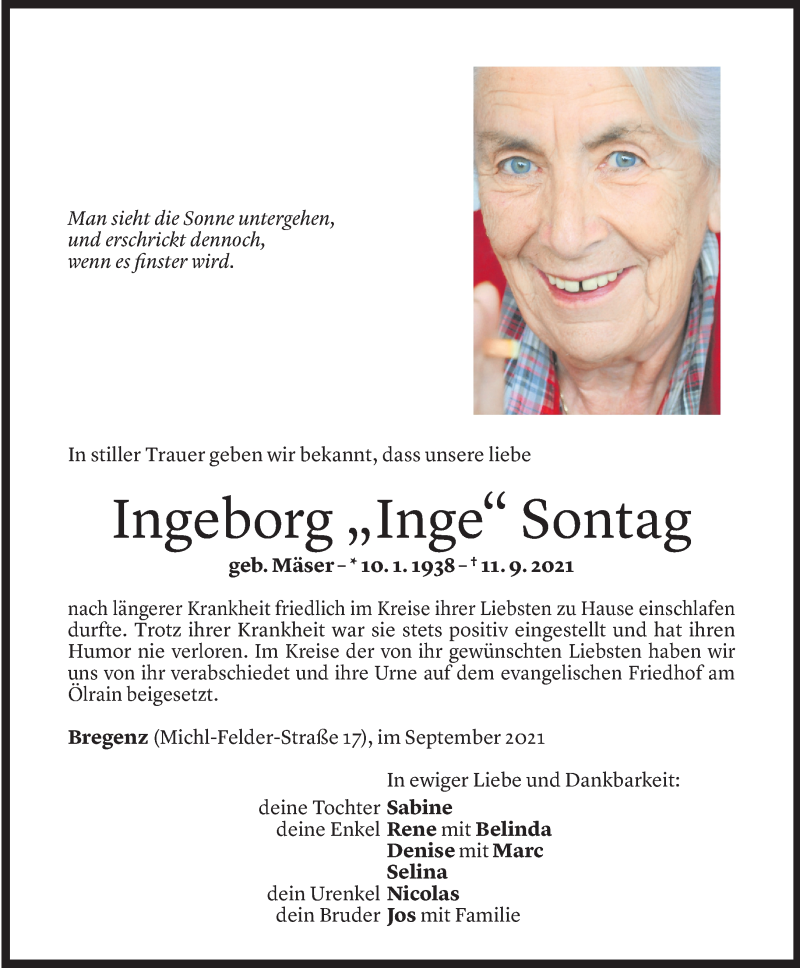  Todesanzeige für Ingeborg Sontag vom 25.09.2021 aus Vorarlberger Nachrichten
