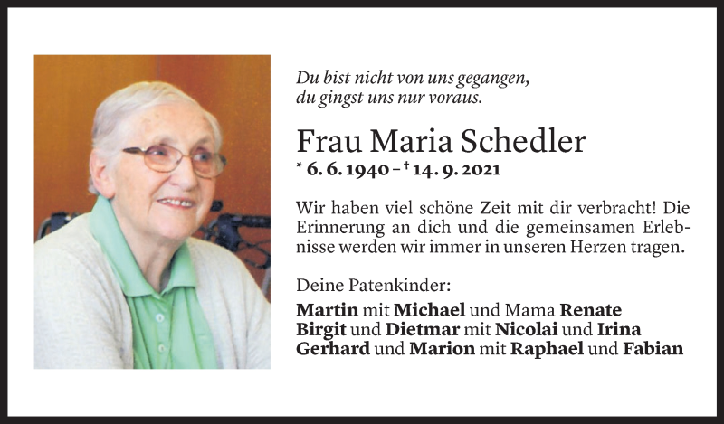  Todesanzeige für Maria Schedler vom 15.09.2021 aus Vorarlberger Nachrichten