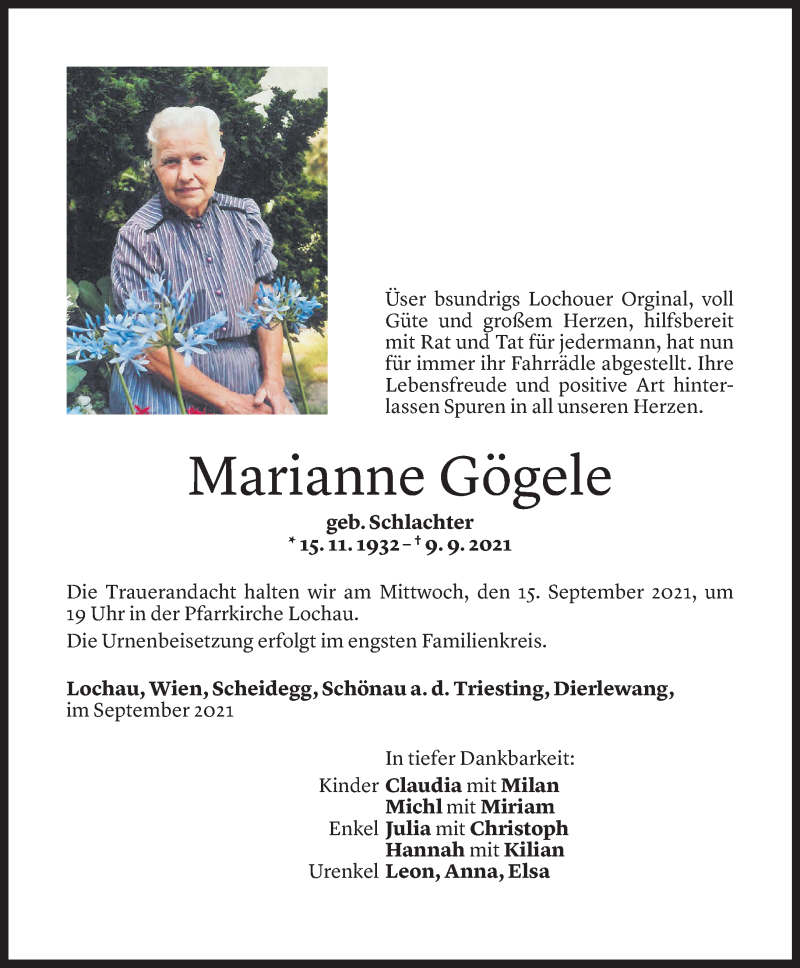  Todesanzeige für Marianne Gögele vom 10.09.2021 aus Vorarlberger Nachrichten