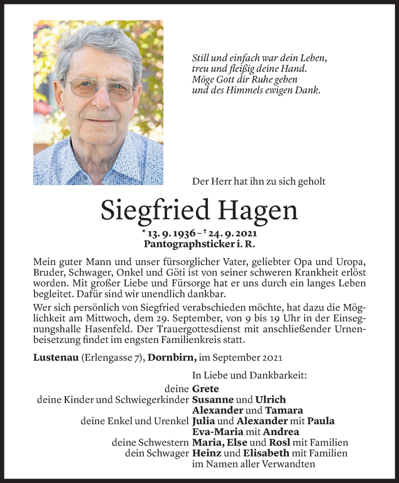  Todesanzeige für Siegfried Hagen vom 27.09.2021 aus Vorarlberger Nachrichten