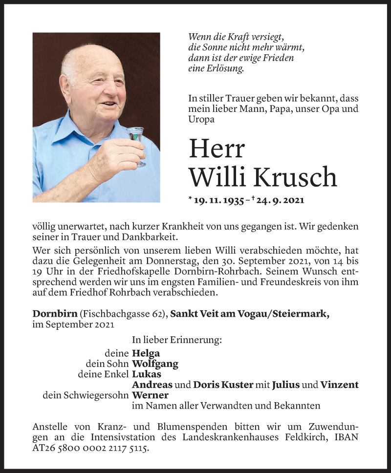  Todesanzeige für Willi Krusch vom 28.09.2021 aus Vorarlberger Nachrichten