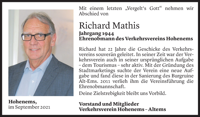 Todesanzeige für Richard Mathis vom 21.09.2021 aus Vorarlberger Nachrichten