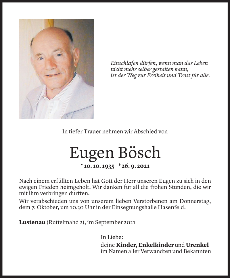  Todesanzeige für Eugen Bösch vom 03.10.2021 aus Vorarlberger Nachrichten
