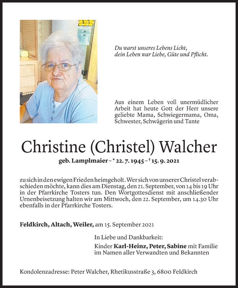  Todesanzeige für Christine Walcher vom 17.09.2021 aus Vorarlberger Nachrichten