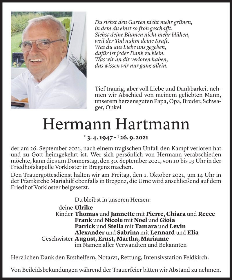  Todesanzeige für Hermann Hartmann vom 28.09.2021 aus Vorarlberger Nachrichten